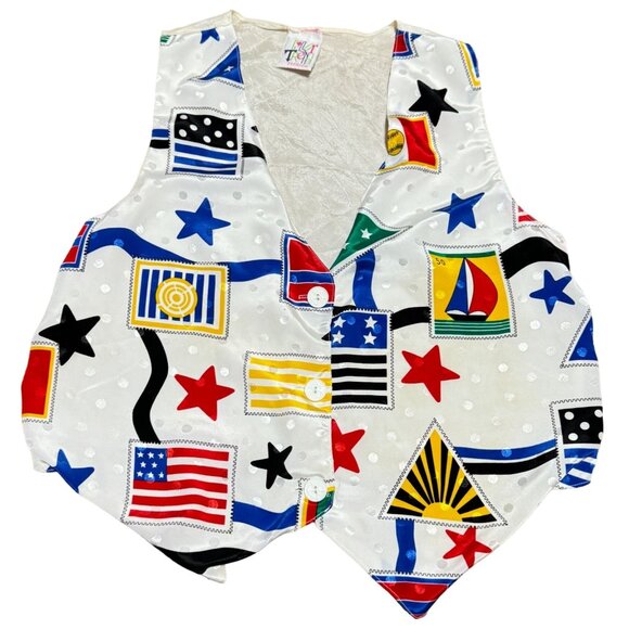 VTG SILKY NAUTICAL VEST SZ M / L  WHITE SAILING STARS STAMPS THEMED WOMENS - Picture 1 of 5